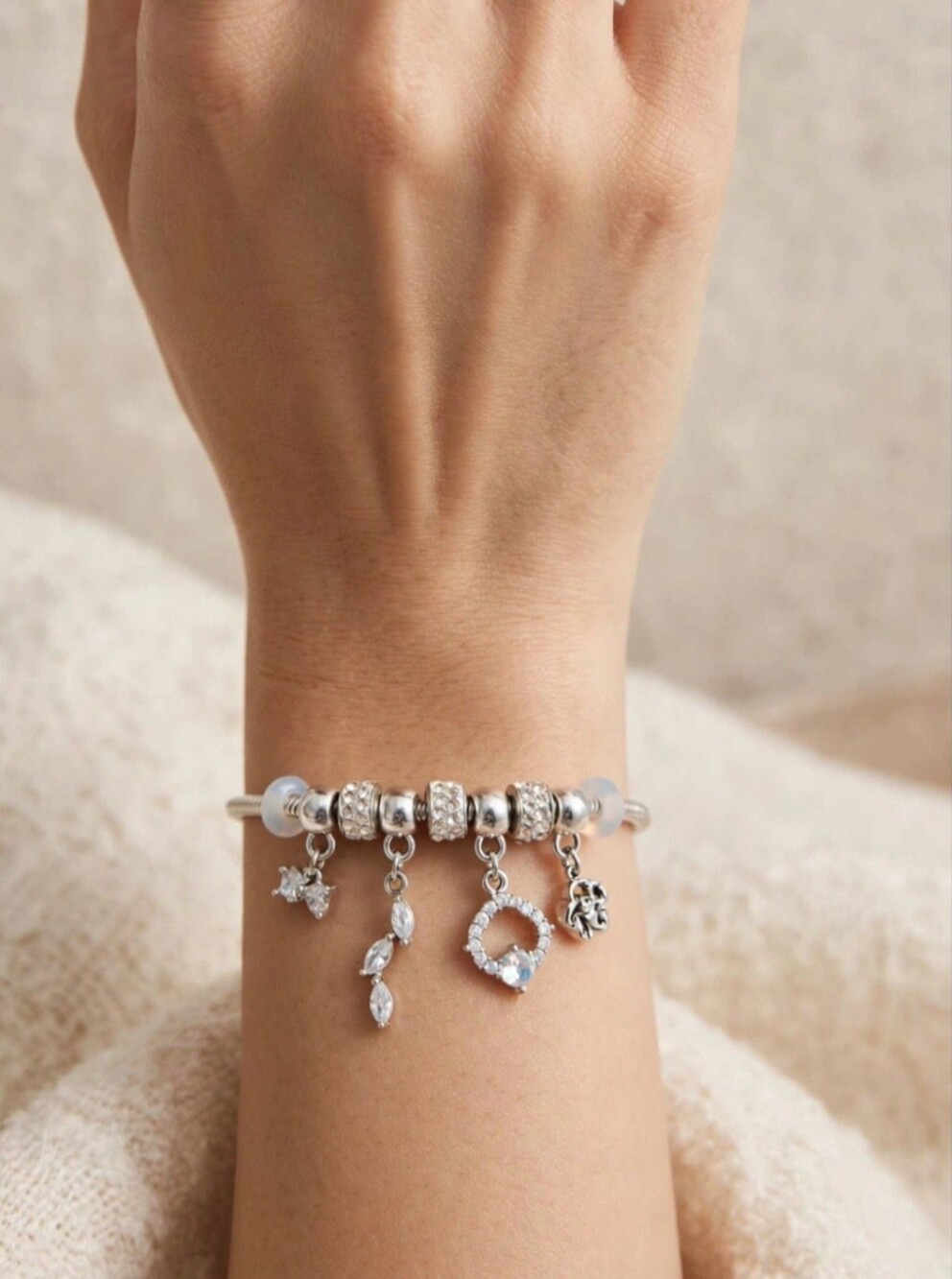 Silver Charm Bracelet with Crystal Accents - White